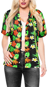 La Leela Women's Hibuscus Bloom Hawaiian Aloha Tropical Beach Relaxed Fit  Short Sleeve Blouse Printed Shirt Black