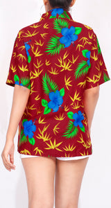 La Leela Women's Waiola Relaxed fit Beach Hawaiian Aloha Tropical Beach Short Sleeve Floral Printed Shirt Red
