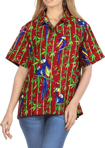 La Leela Women's Parrot Grove Relaxed fit Beach Hawaiian Aloha Tropical Short Sleeve Blouse Printed Shirt Poinsettia Red