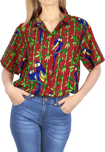 La Leela Women's Parrot Grove Relaxed fit Beach Hawaiian Aloha Tropical Short Sleeve Blouse Printed Shirt Poinsettia Red