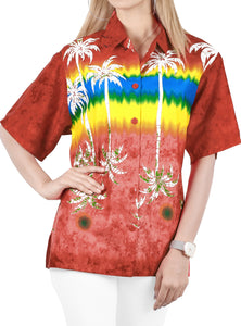 La Leela Women's Palm Tree Print Relaxed fit Beach Hawaiian Aloha Tropical Beach Short Sleeve Printed Shirt Real Red