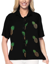 Load image into Gallery viewer, la-leela-womens-pineapple-rush-hawaiian-aloha-tropical-beach-relaxed-fit--short-sleeve-blouse-printed-shirt-black