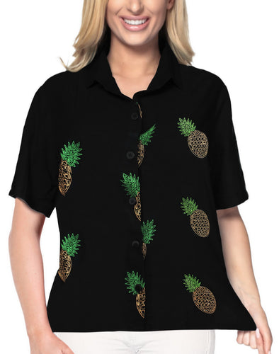 la-leela-womens-pineapple-rush-hawaiian-aloha-tropical-beach-relaxed-fit--short-sleeve-blouse-printed-shirt-black