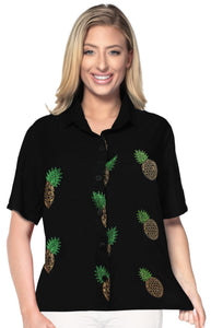 La Leela Women's Pineapple Rush Hawaiian Aloha Tropical Beach Relaxed Fit  Short Sleeve Blouse Printed Shirt Black