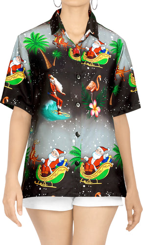 LA LEELA Christmas Womens Hawaiian Blouse Shirt Relaxed Fit Tropical Beach Shirt Printed