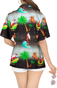 LA LEELA Christmas Womens Hawaiian Blouse Shirt Relaxed Fit Tropical Beach Shirt Printed