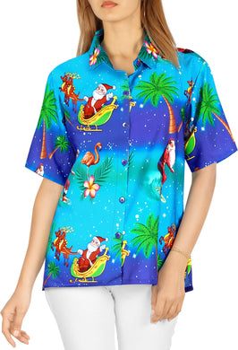 LA LEELA Womens Christmas Hawaiian Blouse Shirt Relaxed Fit Tropical Beach Shirt Printed B  Blue_x177