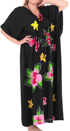 Women's Designer Hand Painted Swimwear Beach Dress Bikini Cover up Black Caftan