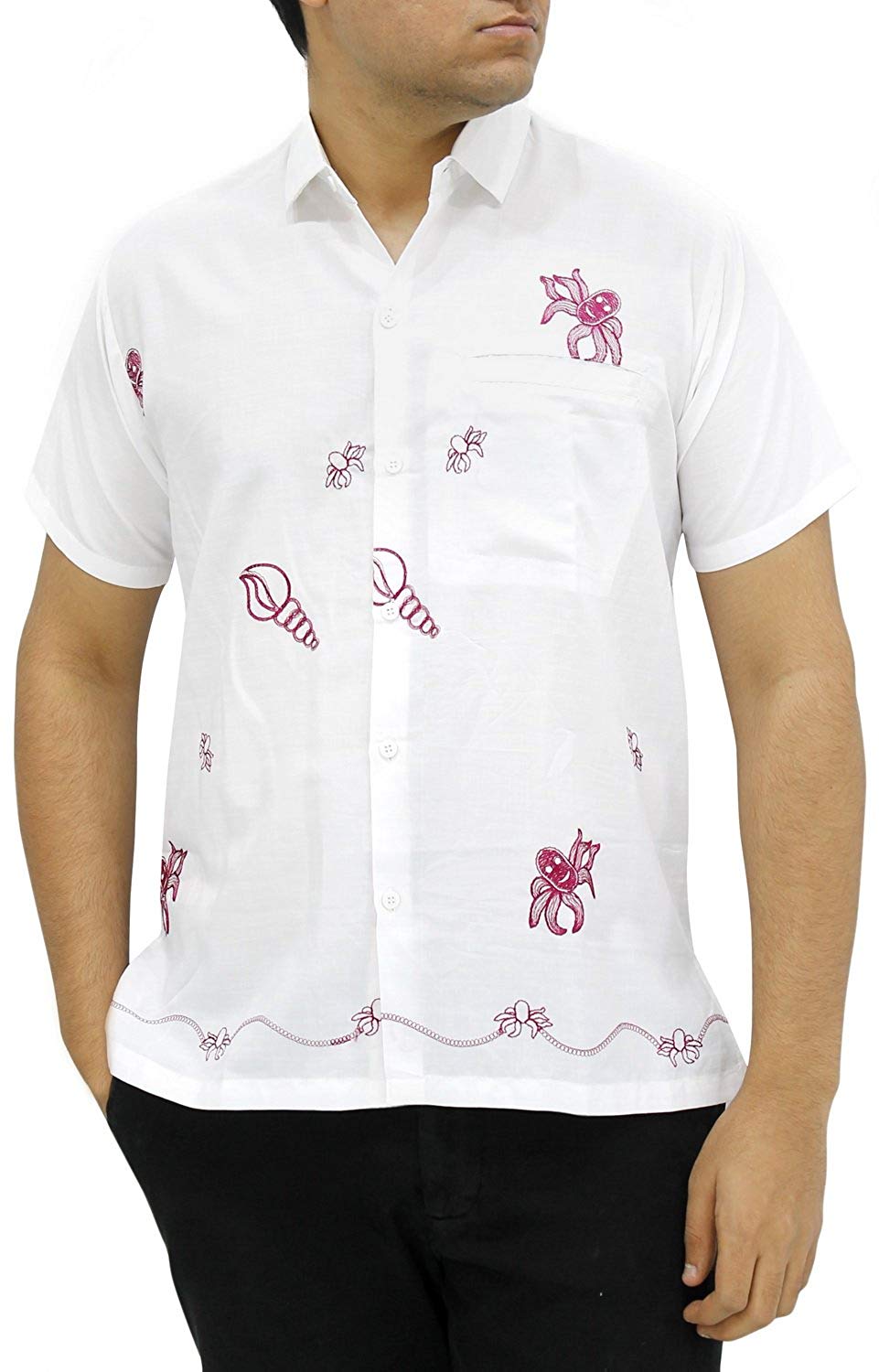 LA LEELA Shirt Casual Button Down Short Sleeve Beach Shirt Men Embroidered 125