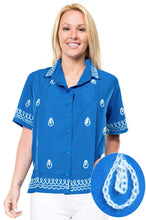Load image into Gallery viewer, Vintage Embroidered Short Sleeve Rayon Blouse Button Down Aloha Shirt Women Blue