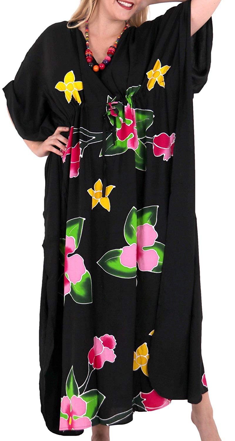Women's Designer Hand Painted Swimwear Beach LOOSE Bikini Cover ups Black Caftan