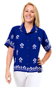 Vintage Embroidered Short Sleeve Rayon Blouse Button Down Aloha Shirt Women Blue