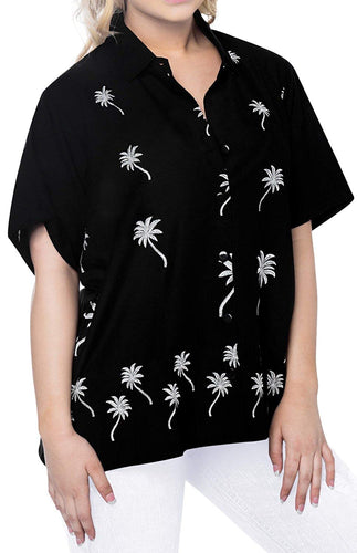 Women Hawaiian Shirt Casual Embroidery Blouses Workwear Short Sleeve Dress Top