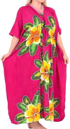 Women's Pink Designer Hand Painted Swimwear Beach Dress Bikini Cover up Caftan