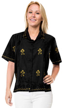 Load image into Gallery viewer, Vintage Embroidered Short Sleeve Rayon Blouse Button Down Aloha Shirt Women Blue
