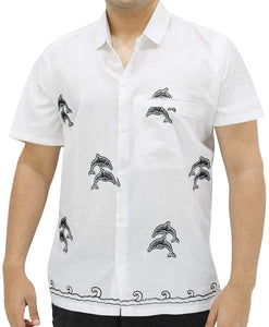 LA LEELA Shirt Casual Button Down Short Sleeve Beach Shirt Men Embroidered 125