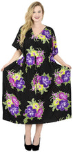 Load image into Gallery viewer, La Leela Soft Likre Kimono Hibiscus Beach Casual Nightwear Long Caftan Dress
