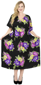 La Leela Soft Likre Kimono Hibiscus Beach Casual Nightwear Long Caftan Dress
