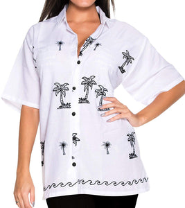 Women Hawaiian Shirt Embroidered Blouses Casual Workwear BoyFriend Dress Top