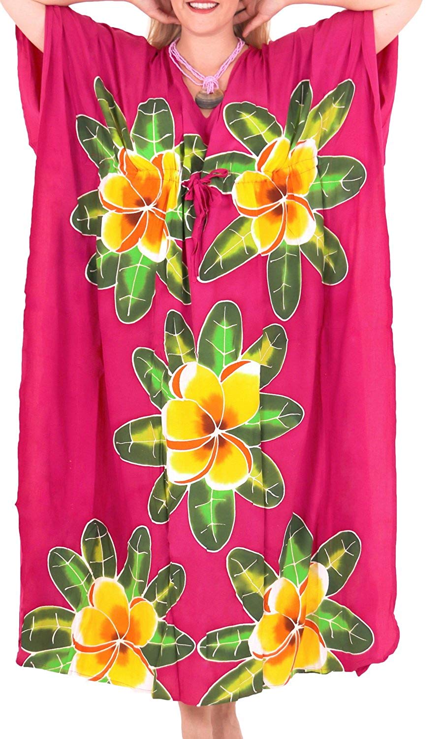 Women's Pink Designer Hand Painted Swimwear Beach LOOSE Bikini Cover ups Caftan