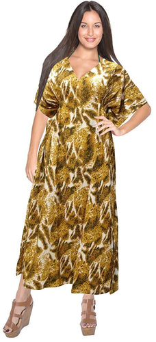 La Leela Soft Likre Kimono Hibiscus Beach Casual Nightwear Long Caftan Dress