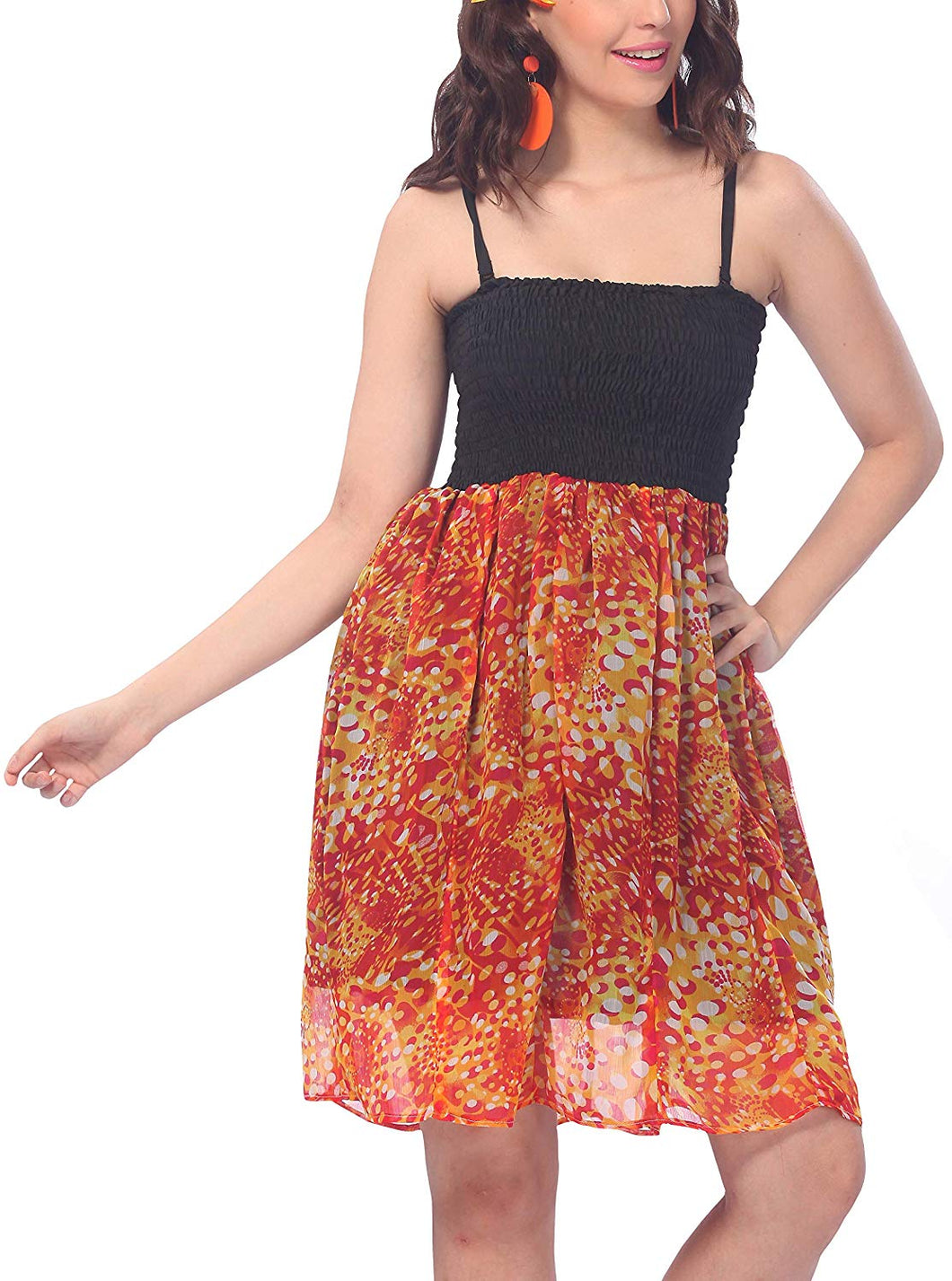 la-leela-chiffon-sheer-butterfly-printed-strap-smocked-short-tube-dress