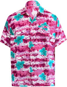 LA LEELA Hawaiian Shirt for Men Short Sleeve Front-Pocket Beach Palm Tree Blue
