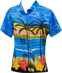 LA LEELA Women's Beach Blouse Button Down Relaxed Camp Casual Shirt Hibiscus