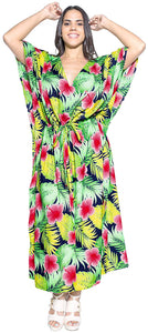 La Leela Soft Likre Kimono Hibiscus Beach Casual Nightwear Long Caftan Dress