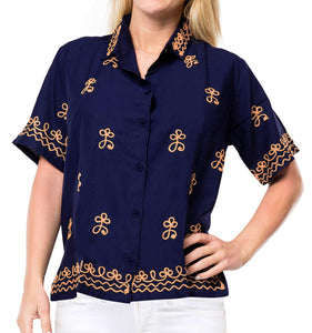 Vintage Embroidered Short Sleeve Rayon Blouse Button Down Aloha Shirt Women Blue