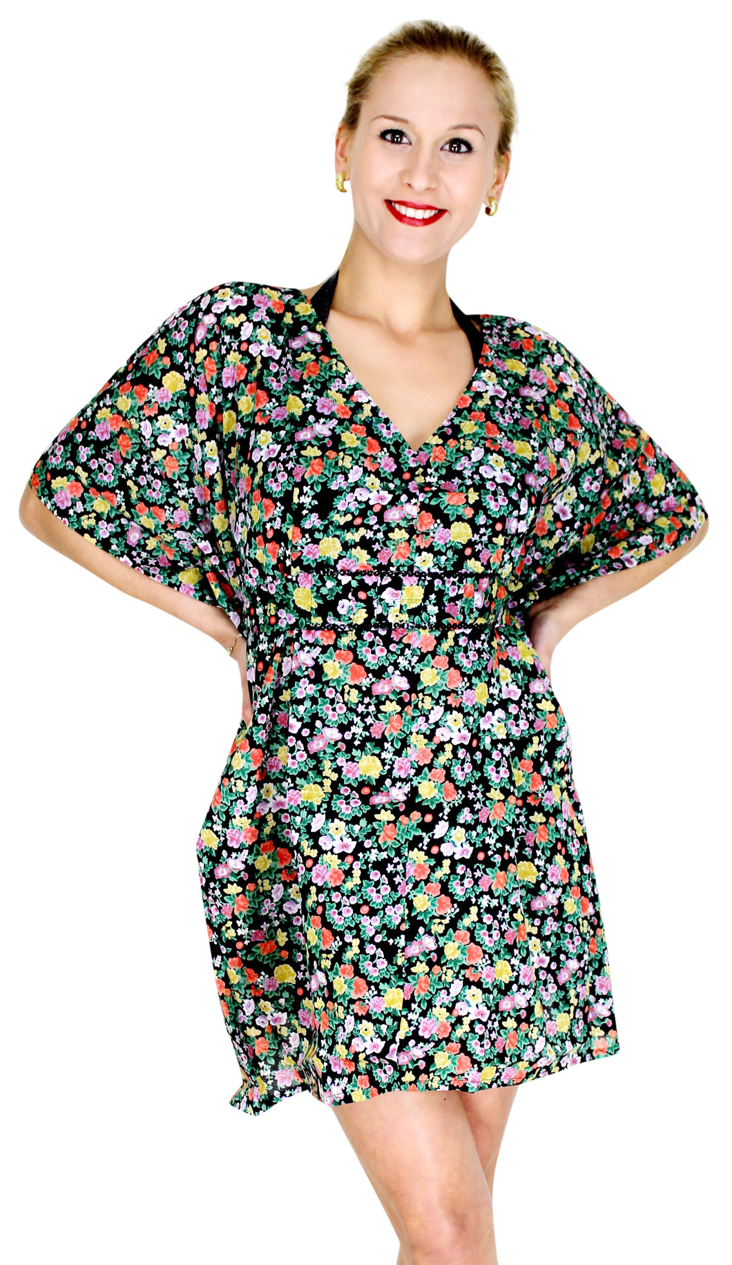 LA LEELA Womens Kimono Sleeve Summer T-Shirt Dresses V Neck Tunic Dress US 10-14 Black_E838