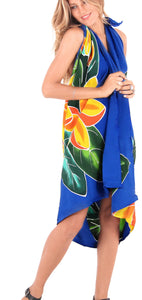 Blue Non-Sheer Hand Painted Yellow Floral and Leaves Beach Wrap For Women