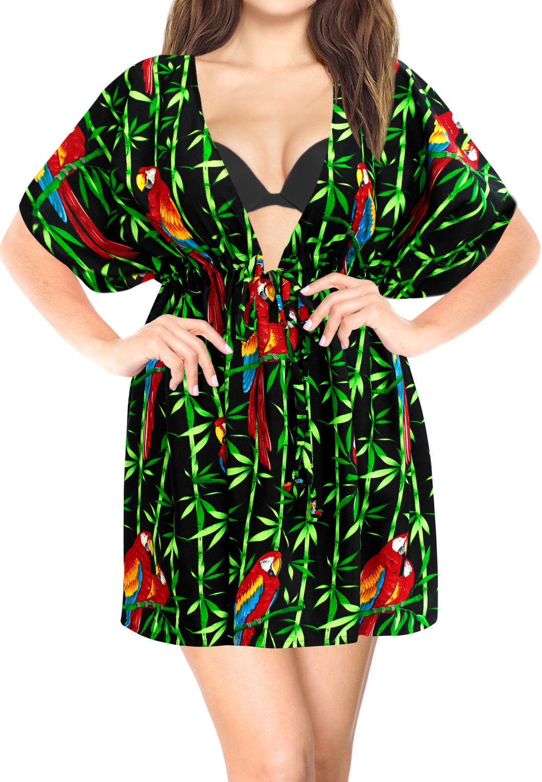 Women's Parrot Swimwear Swimsuit Bikini Cover up Blouse Drawstring One Size Blac