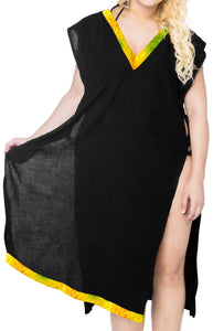 LA LEELA-Women's-Beach-Swimsuit-for-Women-Cover-ups-Printed-V-Neck-Bikini-Cover-Up-Solid-Plain-Black