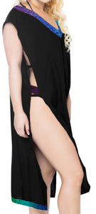 LA LEELA Cover up Beach Bikini Swim Wear Swimsuit Kimono v-Neck Dress Women's Black