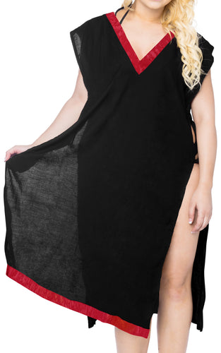 LA LEELA-Women's-Beach-Swimsuit-for-Women-Cover-ups-Printed-V-Neck-Red-Bikini-Cover-Up-Solid-Plain-Black