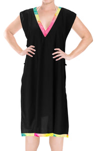 LA LEELA Women's Beach Swimsuit for Women Cover-ups printed V_Neck Multi color Bikini Cover-Up Solid Plain Black