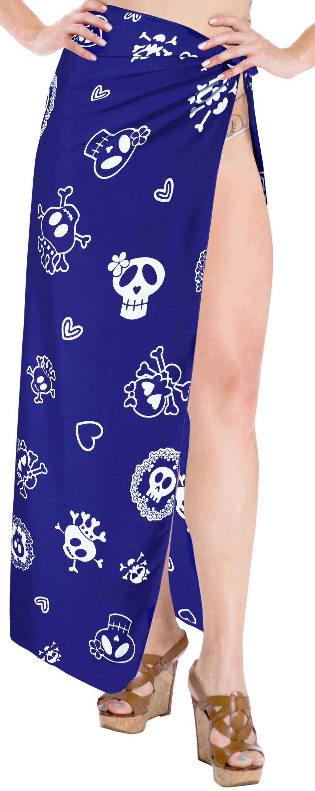 LA LEELA Women Halloween Skulls Skeleton Swimsuit Cover Up Beach Sarong Wrap Skirt One Size Blue_B873