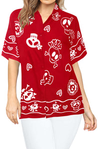 LA LEELA-Womens-Skull-Halloween-Costume-Casual-Beach-Hawaiian-Shirts-Printed-Red