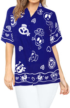 Load image into Gallery viewer, LA LEELA-Womens-Skull-Halloween-Costume-Casual-Beach-Hawaiian-Shirts-Printed-Blue-Skulls-printed