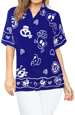 LA LEELA-Womens-Skull-Halloween-Costume-Casual-Beach-Hawaiian-Shirts-Printed-Blue-Skulls-printed