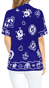 LA LEELA-Womens-Skull-Halloween-Costume-Casual-Beach-Hawaiian-Shirts-Printed-Blue-Skulls-printed