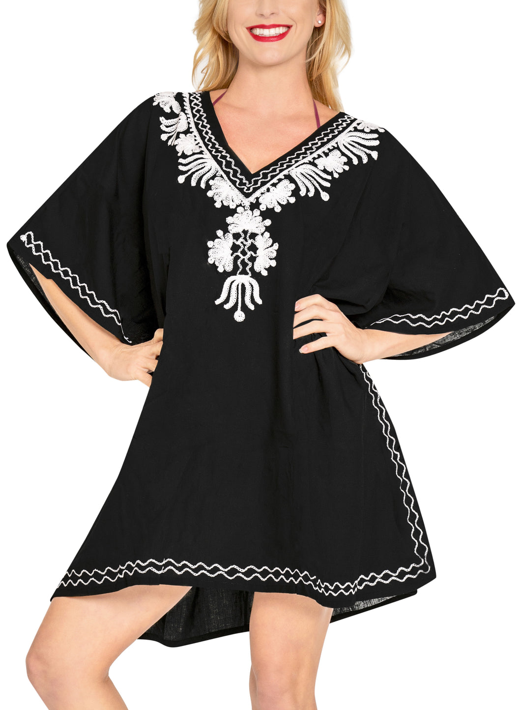 LA LEELA-Loose-Kimono-Deep-Neck-Beachwear-Swimwear-Swimsuit-Bikini-Cover-up-Blouse-L - 2X-Black 