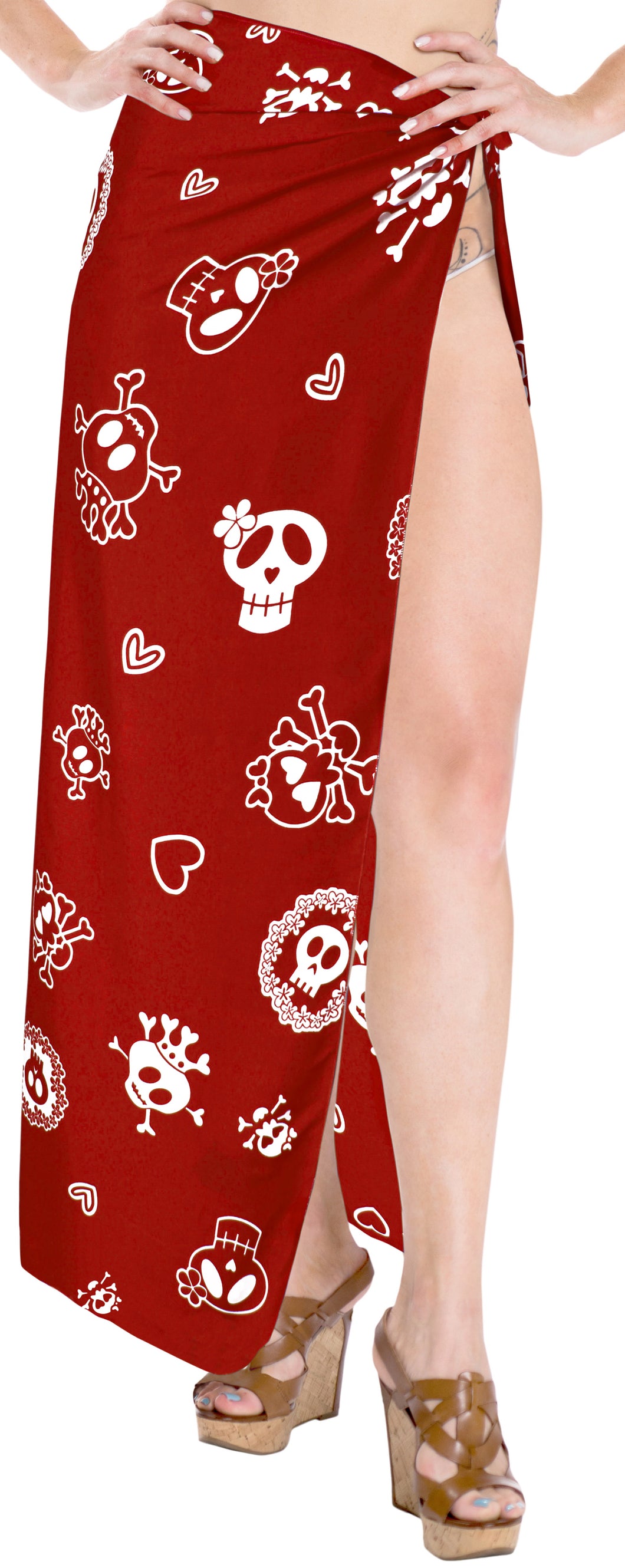 LA LEELA Women Halloween Skulls Skeleton Pareo Beach Swimwear Wrap Bikini Sarong Skirt One Size Red_B818