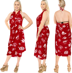 LA LEELA Women Halloween Skulls Skeleton Pareo Beach Swimwear Wrap Bikini Sarong Skirt One Size Red_B818