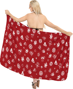 LA LEELA Women Halloween Skulls Skeleton Pareo Beach Swimwear Wrap Bikini Sarong Skirt One Size Red_B818