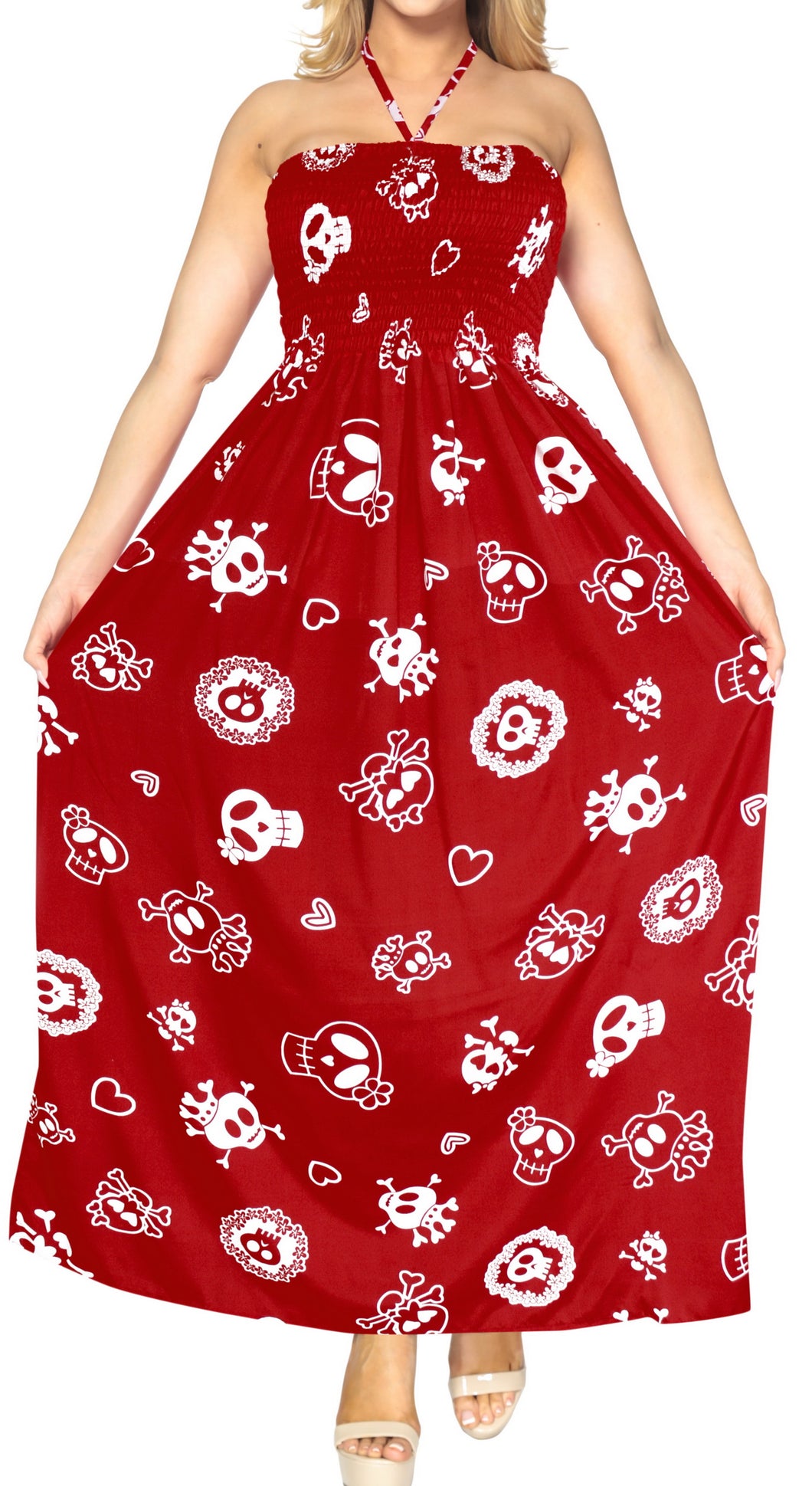 la-leela-evening-beach-swimwear-soft-Printed-Skull-vintage-vacation-tube-dress-women-Red