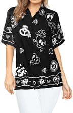 Load image into Gallery viewer, LA LEELA-Womens-Skull-Halloween-Costume-Casual-Beach-Hawaiian-Shirts-Printed-Black-Skulls-printed