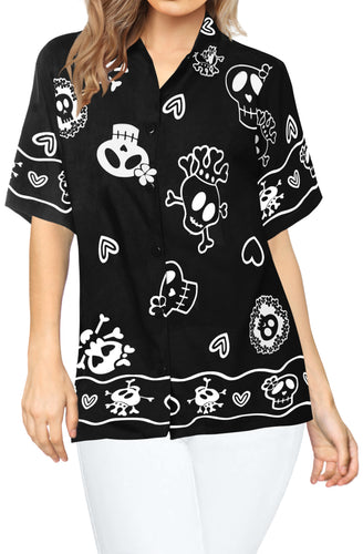 LA LEELA-Womens-Skull-Halloween-Costume-Casual-Beach-Hawaiian-Shirts-Printed-Black-Skulls-printed
