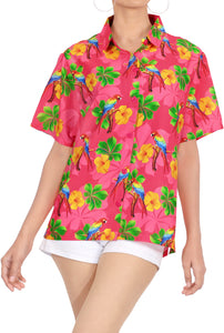 LA LEELA Women's Beach Casual Hawaiian Blouse Short Sleeve button Down Shirt Printed Pink DRT153